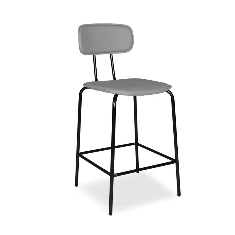 Sgabello con struttura in metallo nero e seduta in pvc effetto cuoio grigio - Jaty