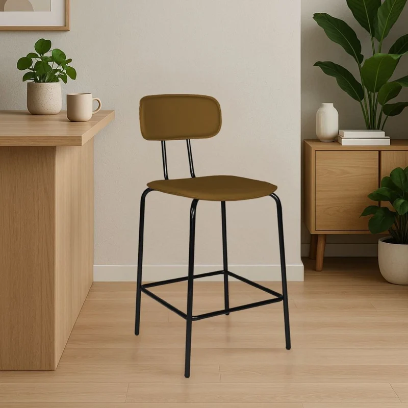 Sgabello con struttura in metallo nero e seduta in pvc effetto cuoio brown - Jaty