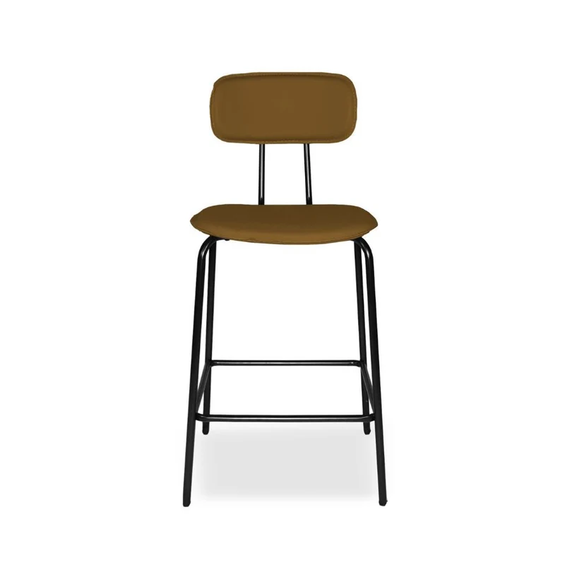 Sgabello con struttura in metallo nero e seduta in pvc effetto cuoio brown - Jaty