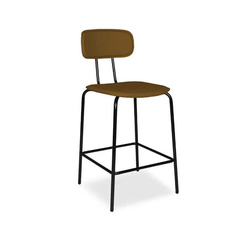 Sgabello con struttura in metallo nero e seduta in pvc effetto cuoio brown - Jaty