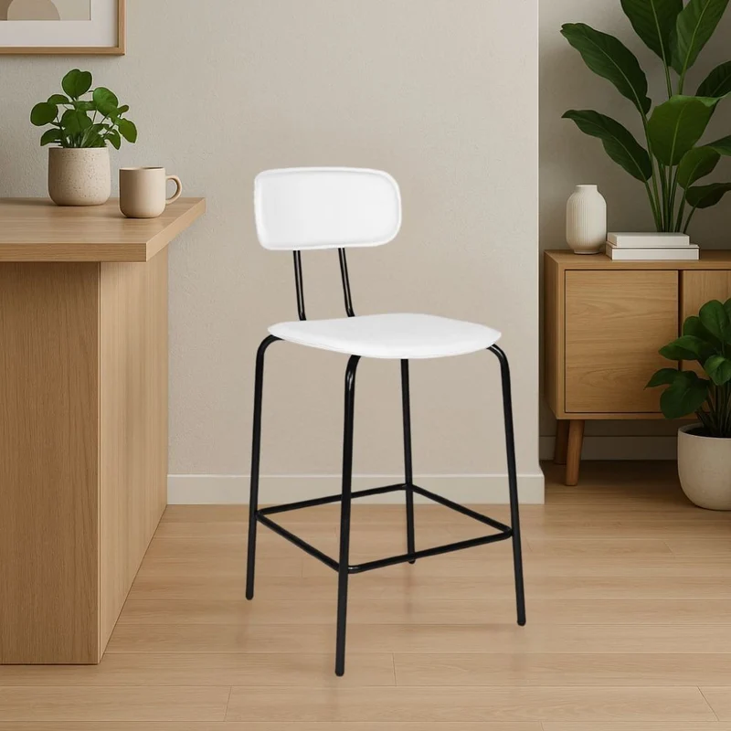 Sgabello con struttura in metallo nero e seduta in pvc effetto cuoio bianco - Jaty