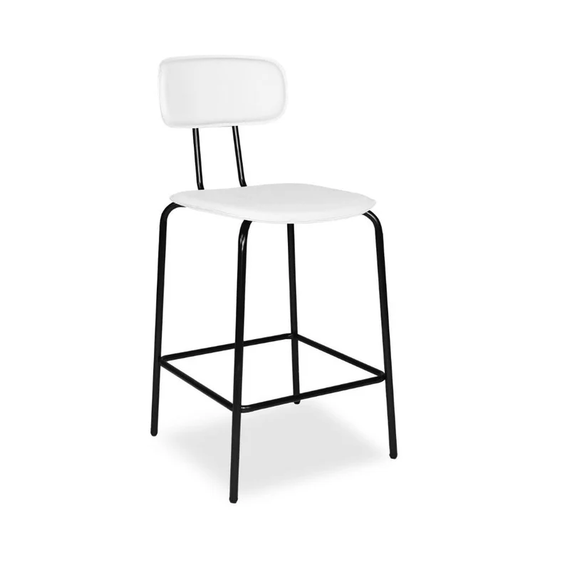 Sgabello con struttura in metallo nero e seduta in pvc effetto cuoio bianco - Jaty