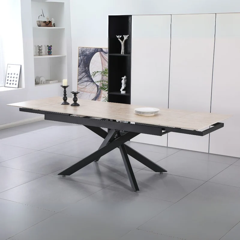 Tavolo allungabile piano in ceramica effetto marmo travertino e gambe in metallo nero 160x90x75.5H cm