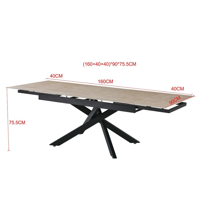 Tavolo allungabile piano in ceramica effetto marmo travertino e gambe in metallo nero 160x90x75.5H cm