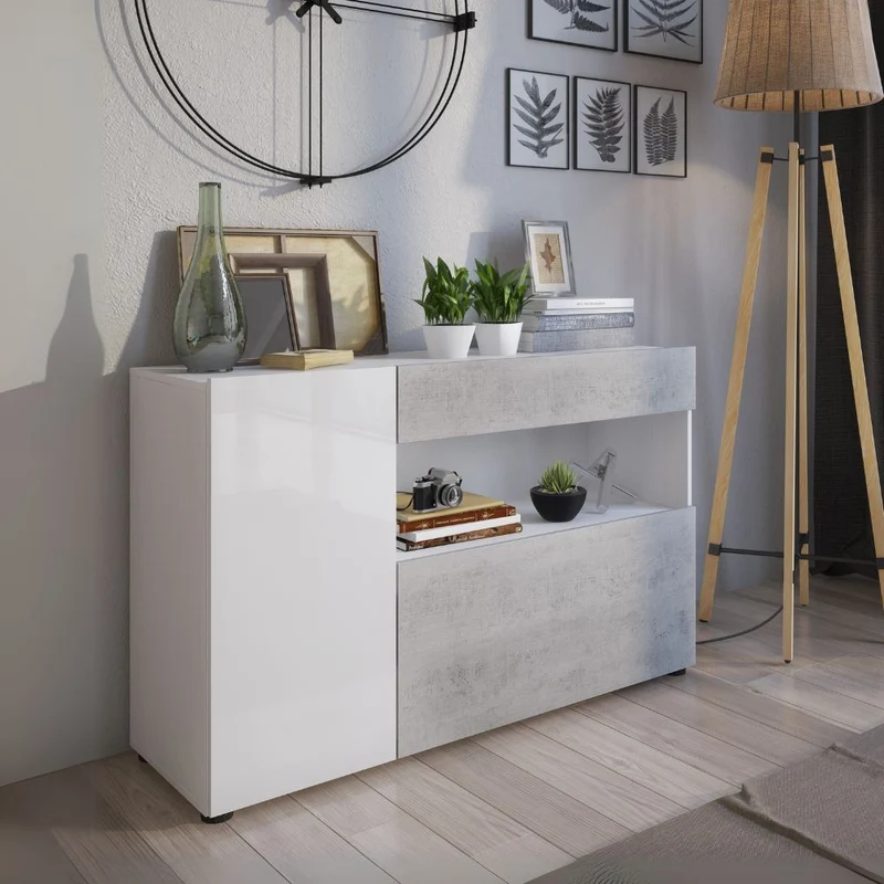 Madia con 2 ante cassetto e vano a giorno colore cemento e bianco 130x82H cm - Soyro