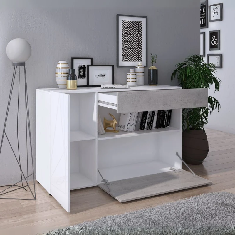 Madia con 2 ante cassetto e vano a giorno colore cemento e bianco 130x82H cm - Soyro
