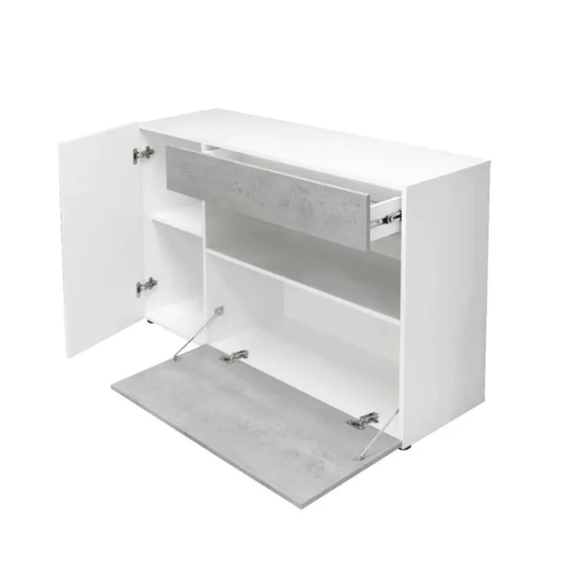 Madia con 2 ante cassetto e vano a giorno colore cemento e bianco 130x82H cm - Soyro