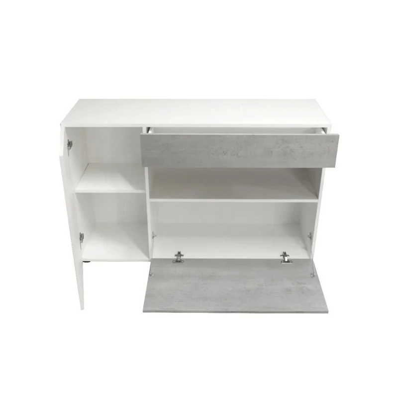 Madia con 2 ante cassetto e vano a giorno colore cemento e bianco 130x82H cm - Soyro