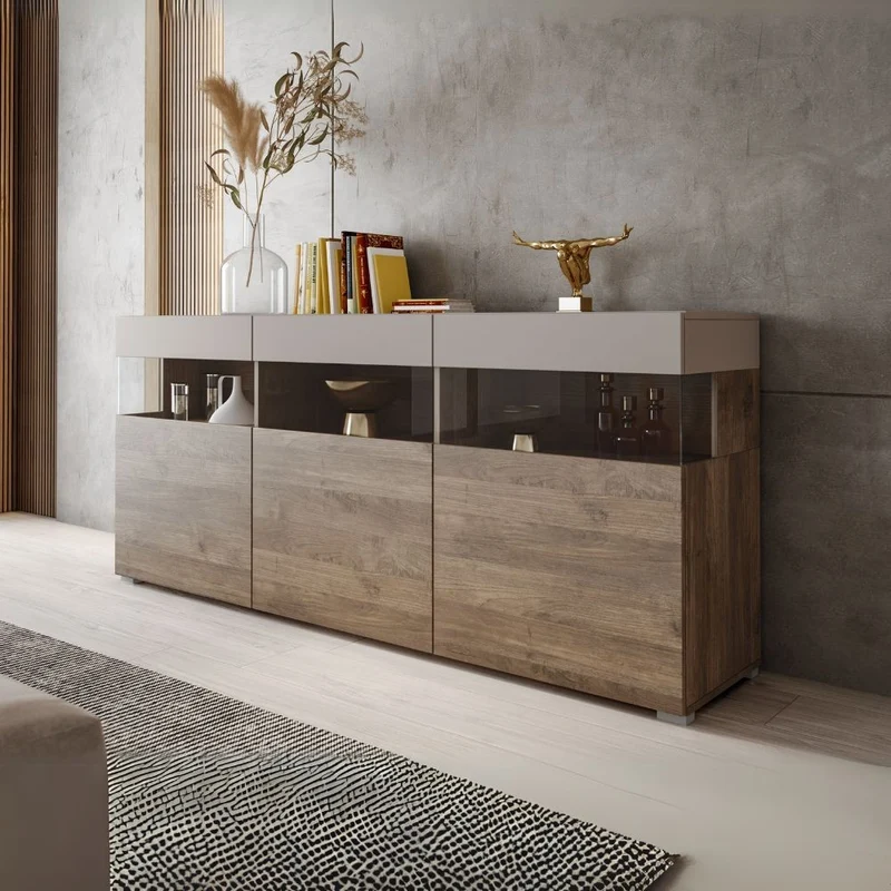 Madia con dettagli in vetro 3 ante colore noce eastwood e cashmere 180x80H cm - Ofite