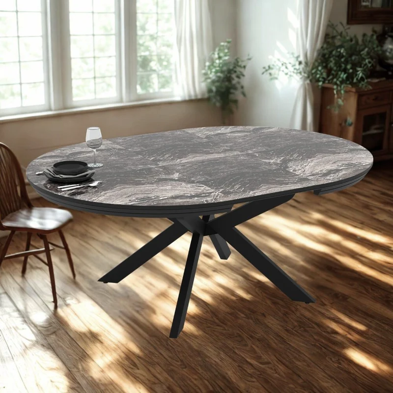 Tavolo rotondo allungabile piano effetto marmo nero lucido con gambe nere 138x76H cm - Lena