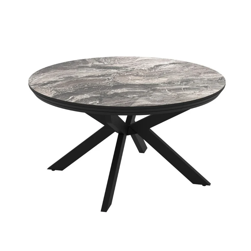 Tavolo rotondo allungabile piano effetto marmo nero lucido con gambe nere 138x76H cm - Lena