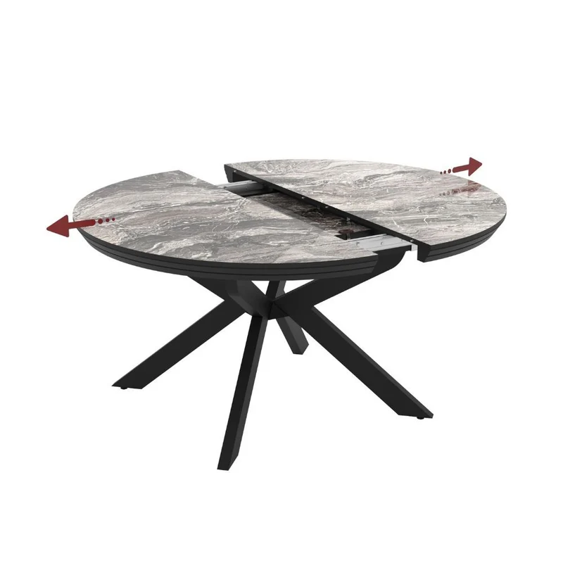 Tavolo rotondo allungabile piano effetto marmo nero lucido con gambe nere 138x76H cm - Lena