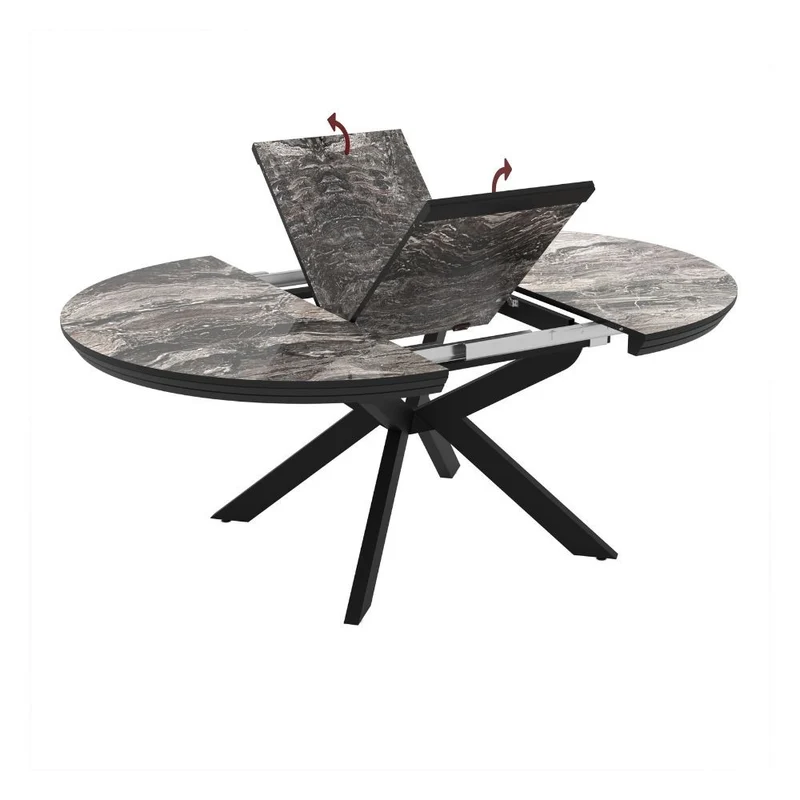 Tavolo rotondo allungabile piano effetto marmo nero lucido con gambe nere 138x76H cm - Lena
