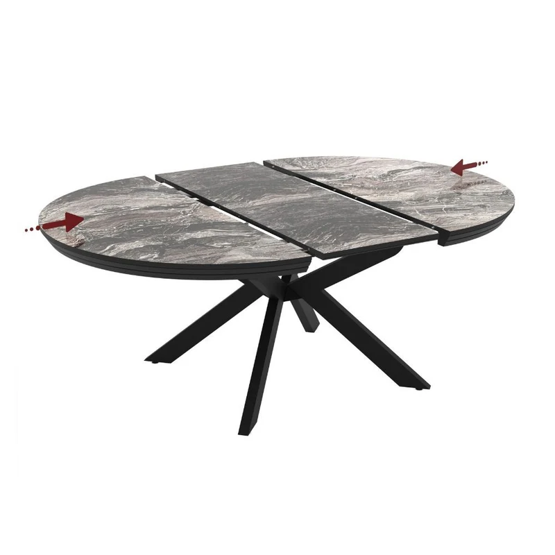 Tavolo rotondo allungabile piano effetto marmo nero lucido con gambe nere 138x76H cm - Lena
