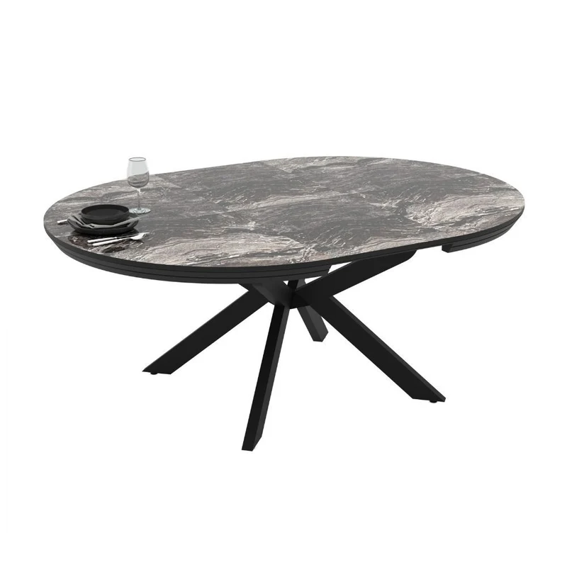Tavolo rotondo allungabile piano effetto marmo nero lucido con gambe nere 138x76H cm - Lena