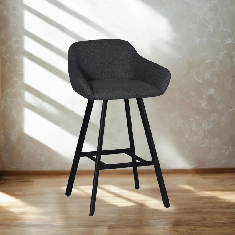 Sgabello con seduta imbottita colore grigio scuro e gambe in metallo nero - Rory