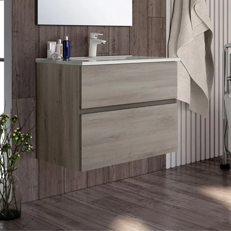 Mobile da bagno sospeso 70 cm con 2 cassetti colore rovere grigio - Londry