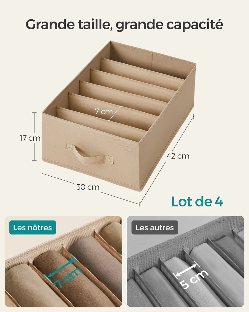 Lot de 4 organisateurs de rangement pour vêtements 42 x 30 x 17 cm style épuré ambiance cosy en tissu beige sable 12_0011714