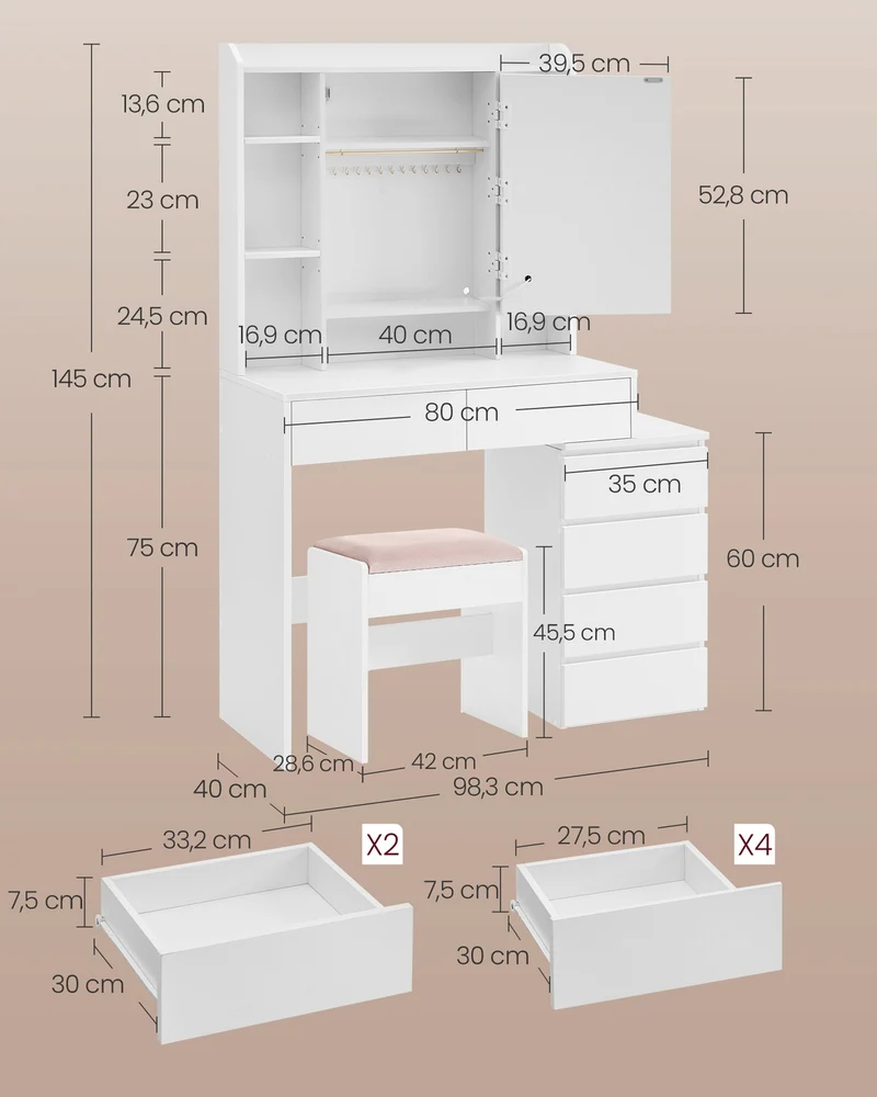 Coiffeuse moderne avec grand miroir LED réglable 40 x 97,5 x 145 cm ambiance cosy compartiments ouverts en aggloméré blanc 12_0011243