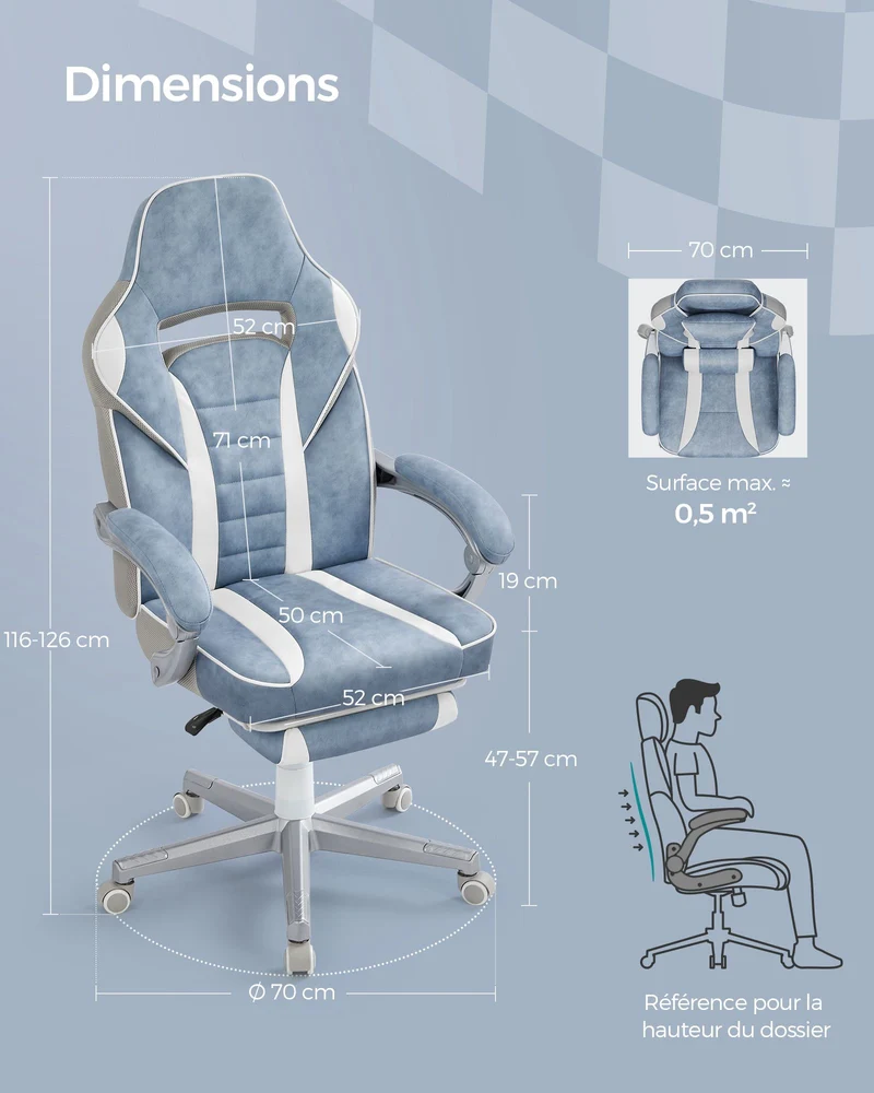 Fauteuil de bureau ergonomique réglable 67 x 66 x 126 cm avec repose-pieds confortable design moderne en PU bleu lac 12_0009888