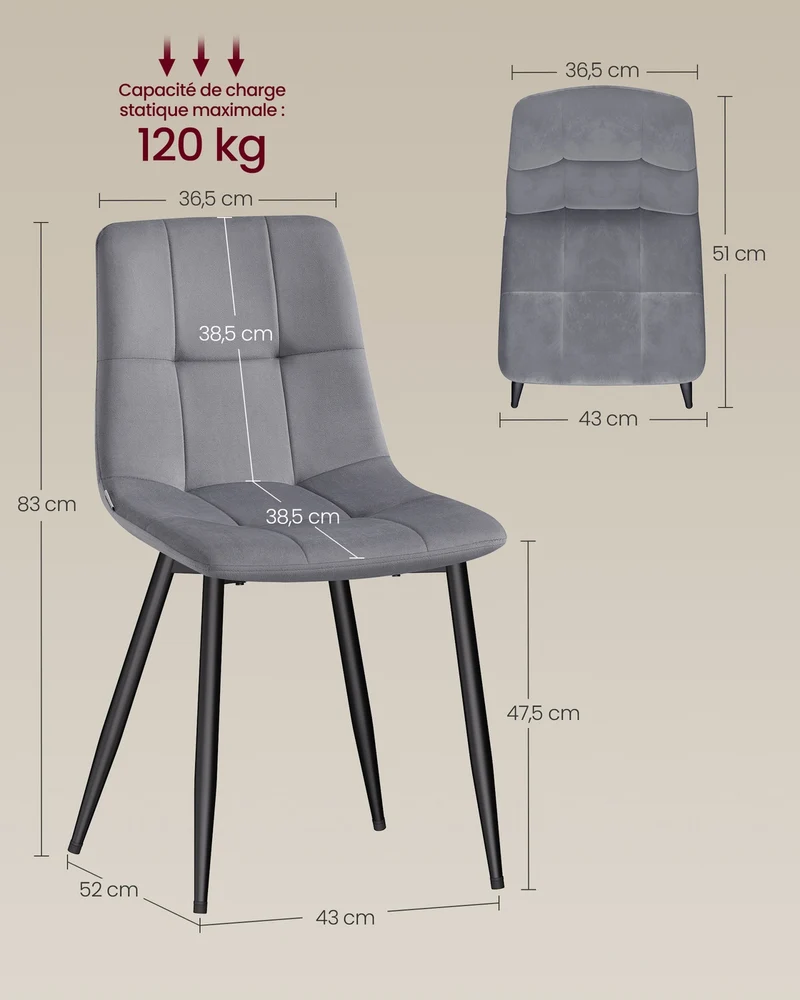 Lot de 4 chaises de salle à manger pivotantes ergonomiques 43 x 52 x 83 cm style contemporain en velours gris ardoise 12_0013191