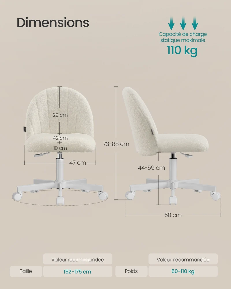 Chaise de bureau réglable hauteur 60 x 60 x 88 cm assise ergonomique style moderne chambre en tissu peluche blanc crème 12_0013036