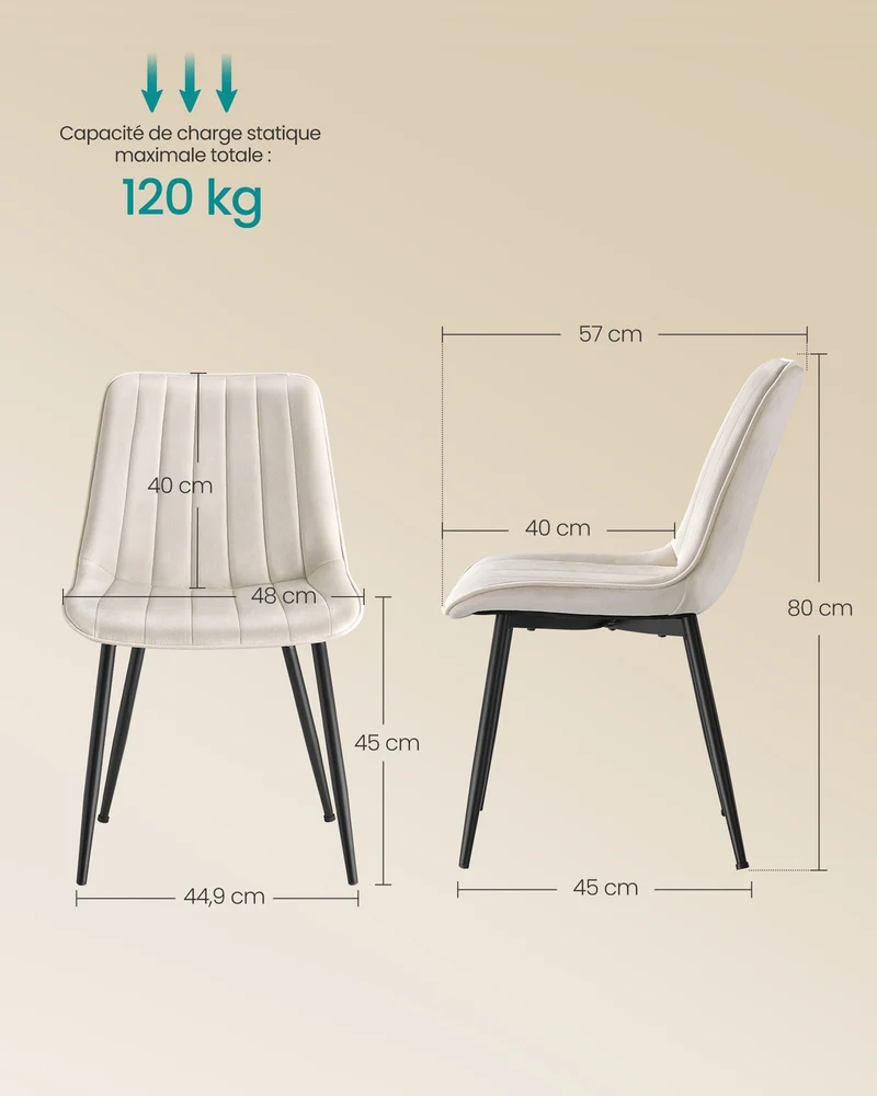 Lot de 4 chaises de salle à manger ergonomiques 57 x 48 x 80 cm confortables style moderne en polyester beige cappuccino 12_0012942