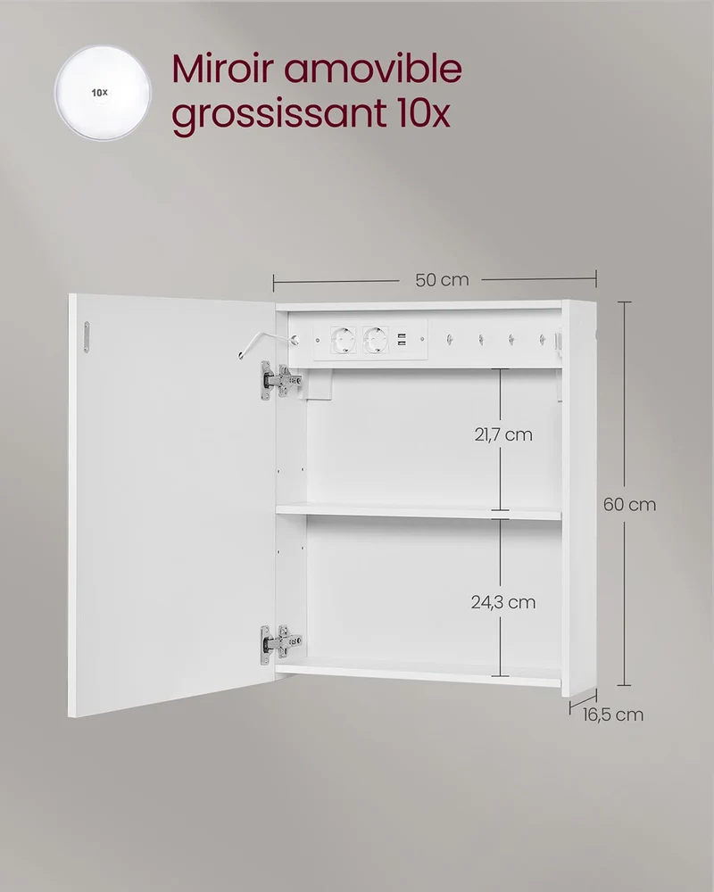 Armoire murale moderne salle de bain avec miroir fonction anti-buée 16,5 x 50 x 60 cm en panneau aggloméré blanc 12_0012496