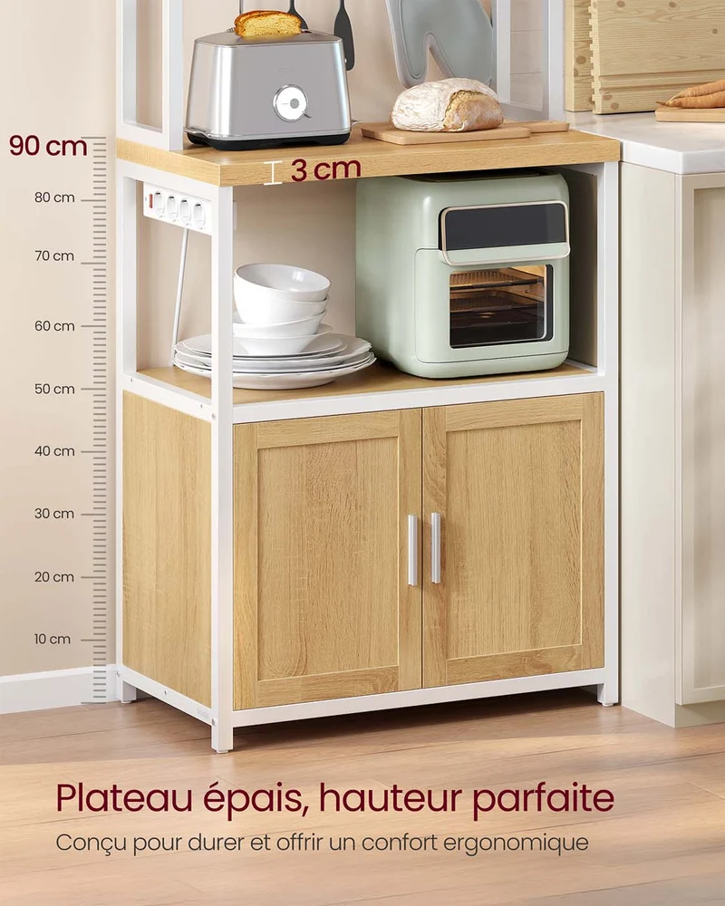 Étagère de cuisine avec support micro-ondes 40 x 60 x 170 cm 8 crochets finition rustique en aggloméré marron 12_0012455