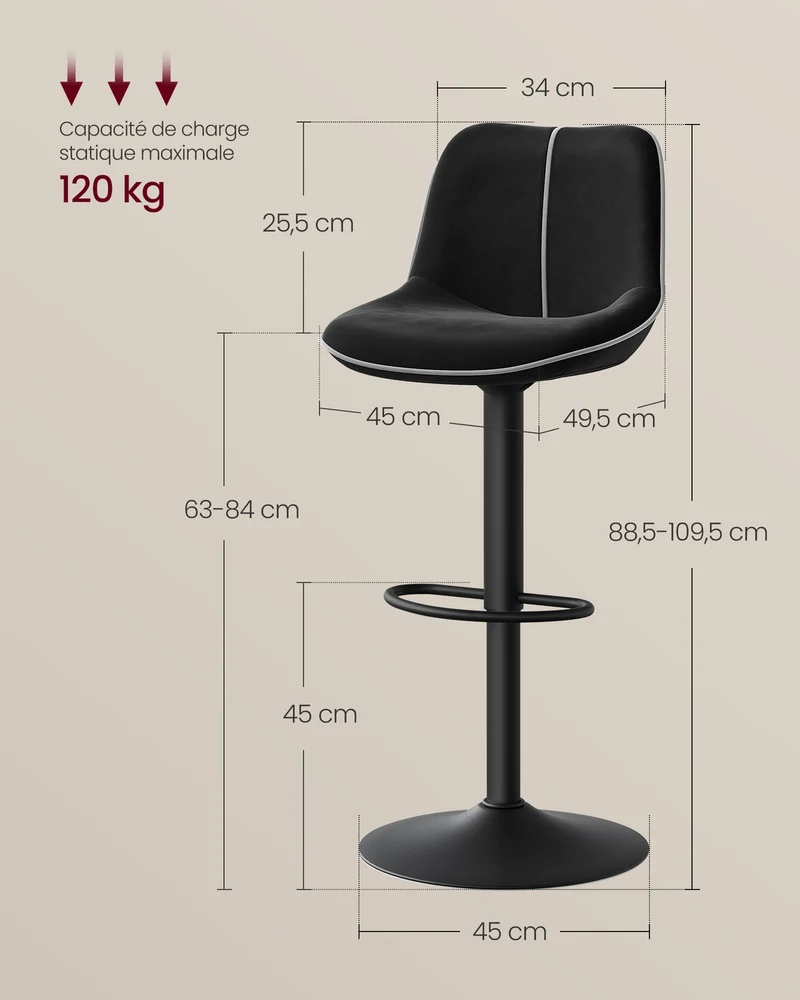 Lot de 4 tabourets de bar pivotants réglables hauteur 49,5 x 45 x 109,5 cm confort ergonomique style moderne en velours noir 12_0012254