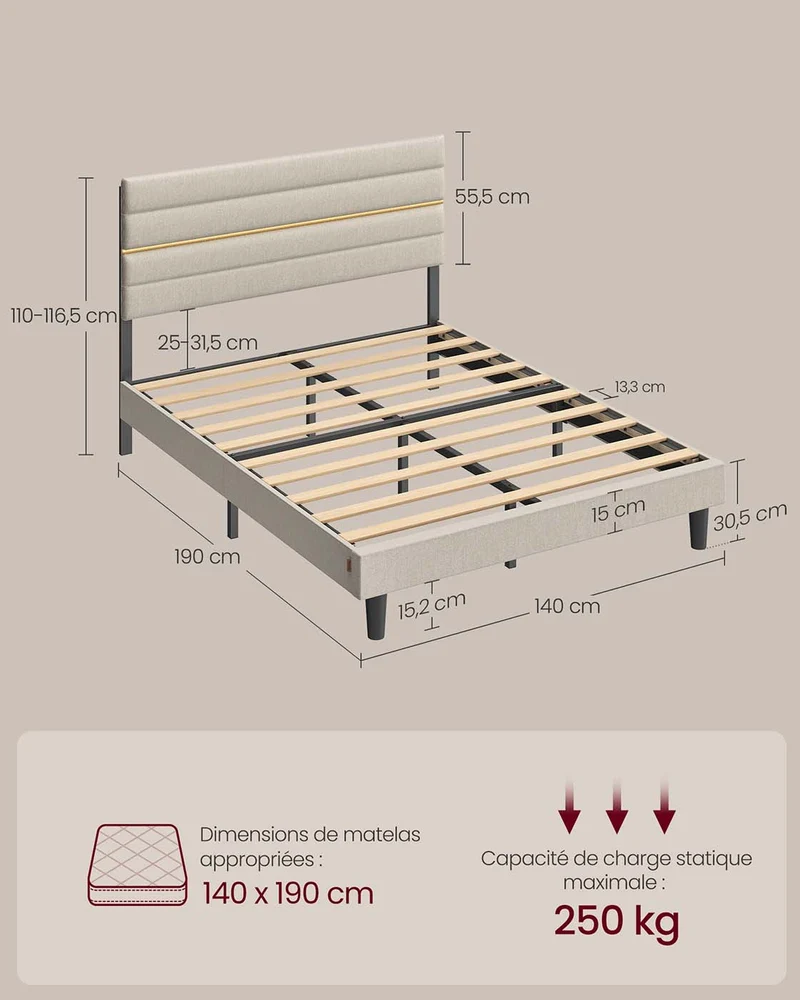 Lit double moderne avec tête de lit rembourrée ajustable 192 x 140 x 110 cm en acier beige cappuccino 12_0012062