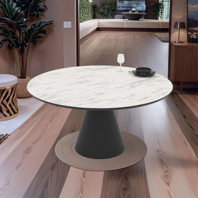 Tavolo girevole allungabile con piano effetto marmo bianco opaco e base in metallo nero 150x94x76H cm - Yucap