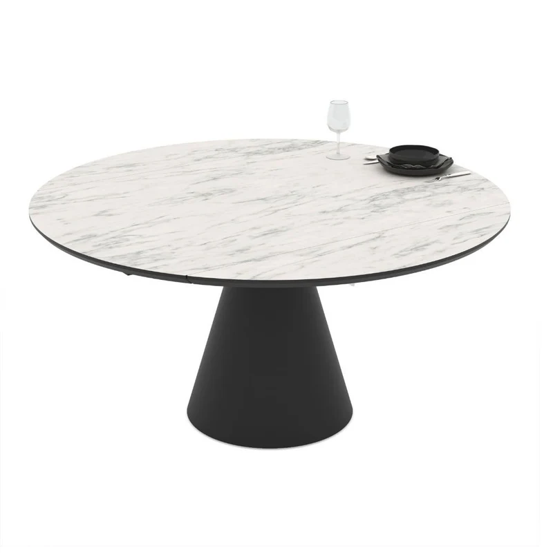 Tavolo girevole allungabile con piano effetto marmo bianco opaco e base in metallo nero 150x94x76H cm - Yucap