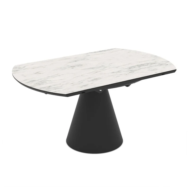 Tavolo girevole allungabile con piano effetto marmo bianco opaco e base in metallo nero 150x94x76H cm - Yucap