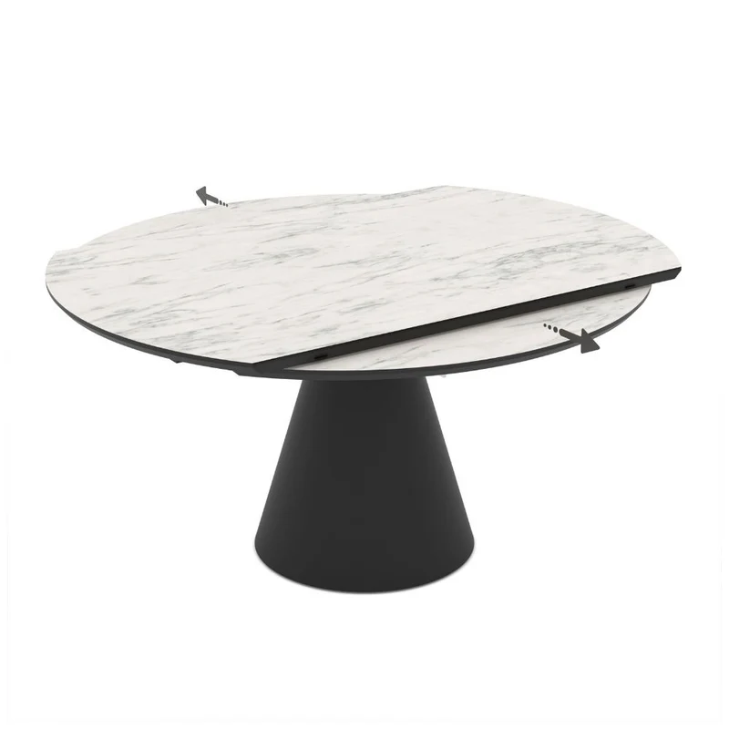Tavolo girevole allungabile con piano effetto marmo bianco opaco e base in metallo nero 150x94x76H cm - Yucap