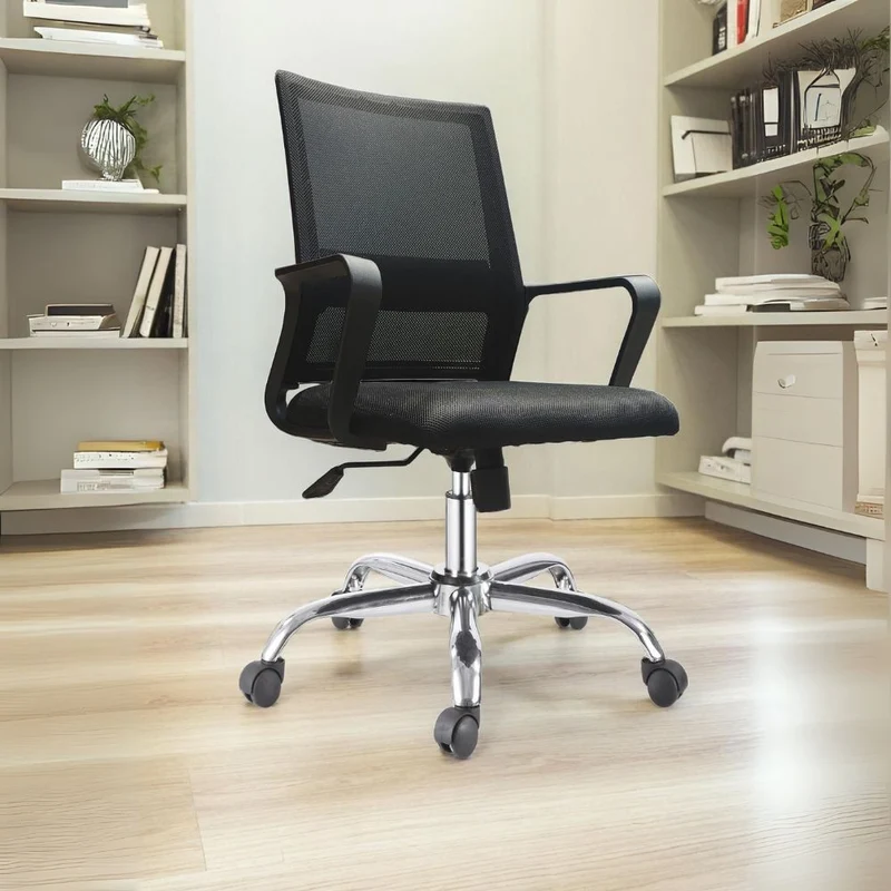 Poltrona ufficio con schienale in rete colore nero e base cromata - C835