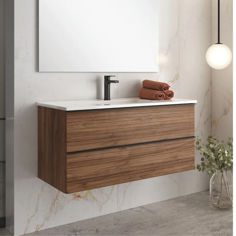 Mobile bagno sospeso 100 cm con 2 cassettoni colore noce effetto cannettato - Elius
