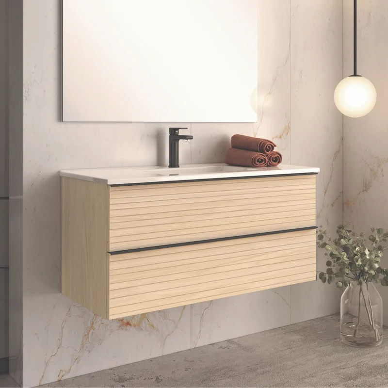 Mobile da bagno sospeso 100 cm con 2 cassettoni colore rovere chiaro effetto cannettato - Elius