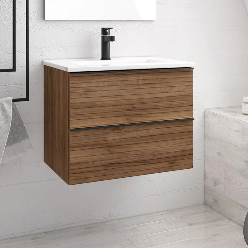 Mobile bagno sospeso 80 cm con 2 cassettoni colore noce effetto cannettato - Elius