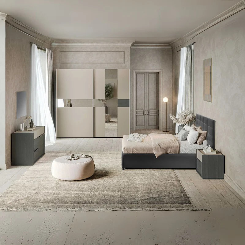Camera da letto completa armadio scorrevole con specchi e letto contenitore colore grigio e talco - Sonia