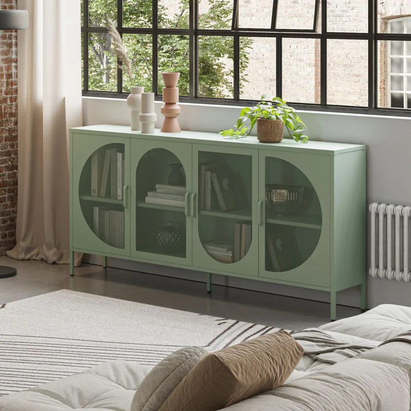 Credenza in metallo con 4 ante reticolate verde 160x40x90H cm - Tayra