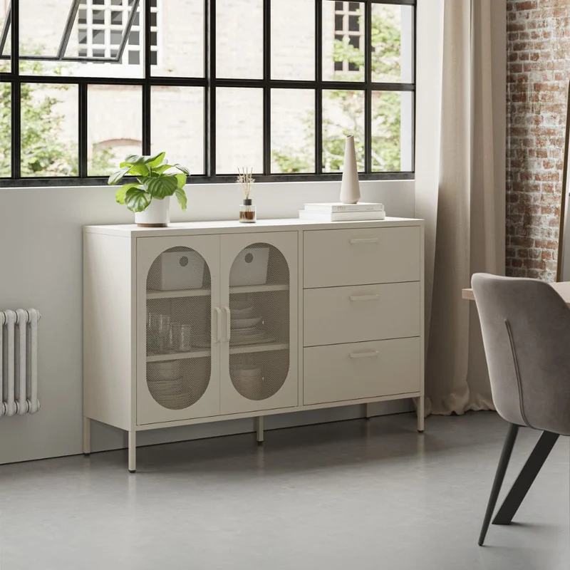 Credenza in metallo colore crema con 2 ante reticolate e 3 cassetti 140 cm - Diora