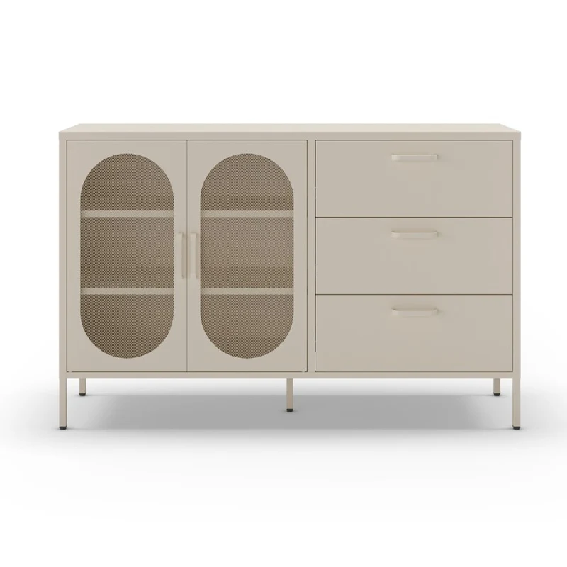 Credenza in metallo colore crema con 2 ante reticolate e 3 cassetti 140 cm - Diora