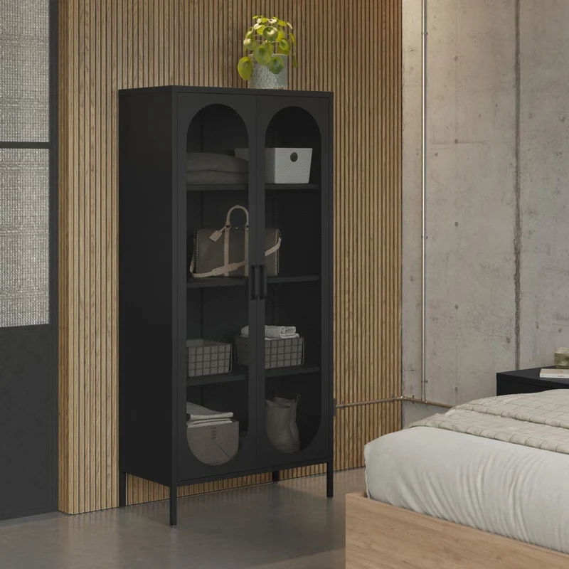 Credenza alta in metallo colore nero con 2 ante reticolate e 3 ripiani 80x170H cm - Diora