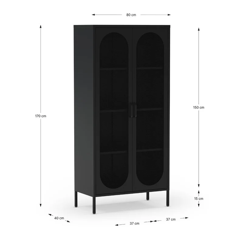 Credenza alta in metallo colore nero con 2 ante reticolate e 3 ripiani 80x170H cm - Diora
