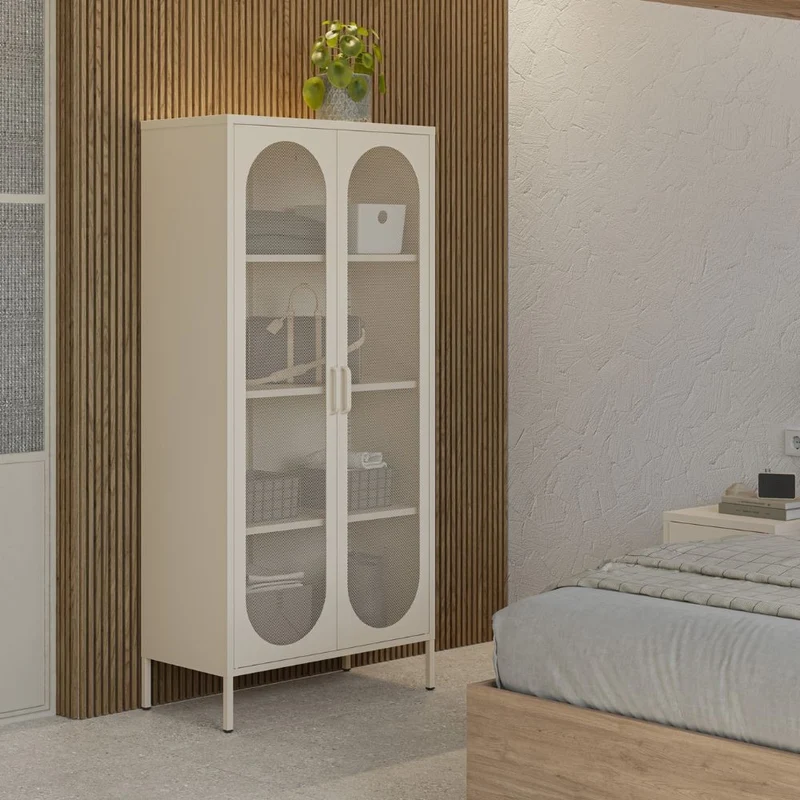 Credenza alta in metallo colore crema con 2 ante reticolate e 3 ripiani 80x170H cm - Diora