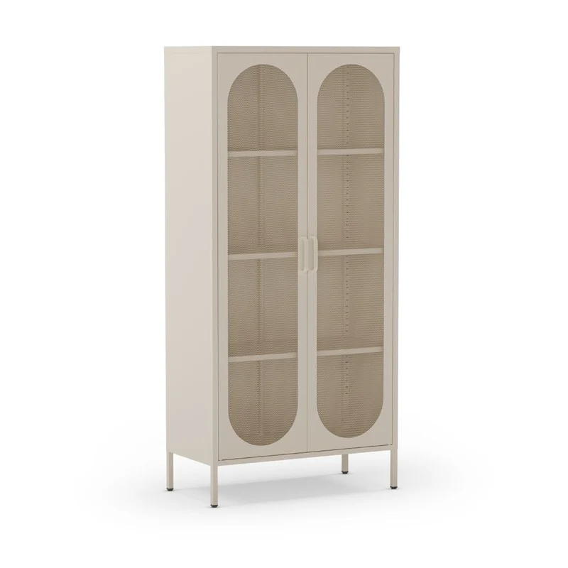 Credenza alta in metallo colore crema con 2 ante reticolate e 3 ripiani 80x170H cm - Diora