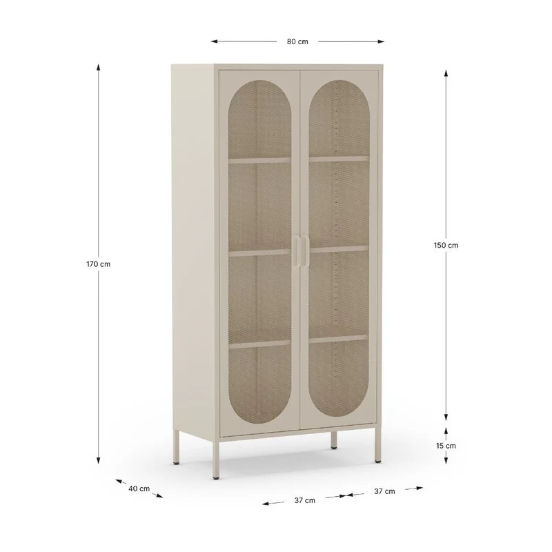 Credenza alta in metallo colore crema con 2 ante reticolate e 3 ripiani 80x170H cm - Diora