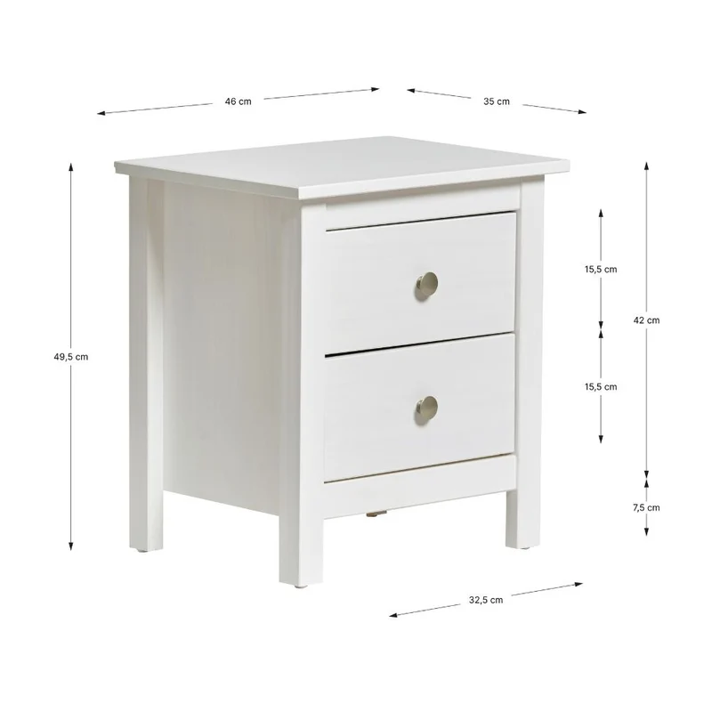 Comodino in legno massiccio con 2 cassetti colore bianco - Berna