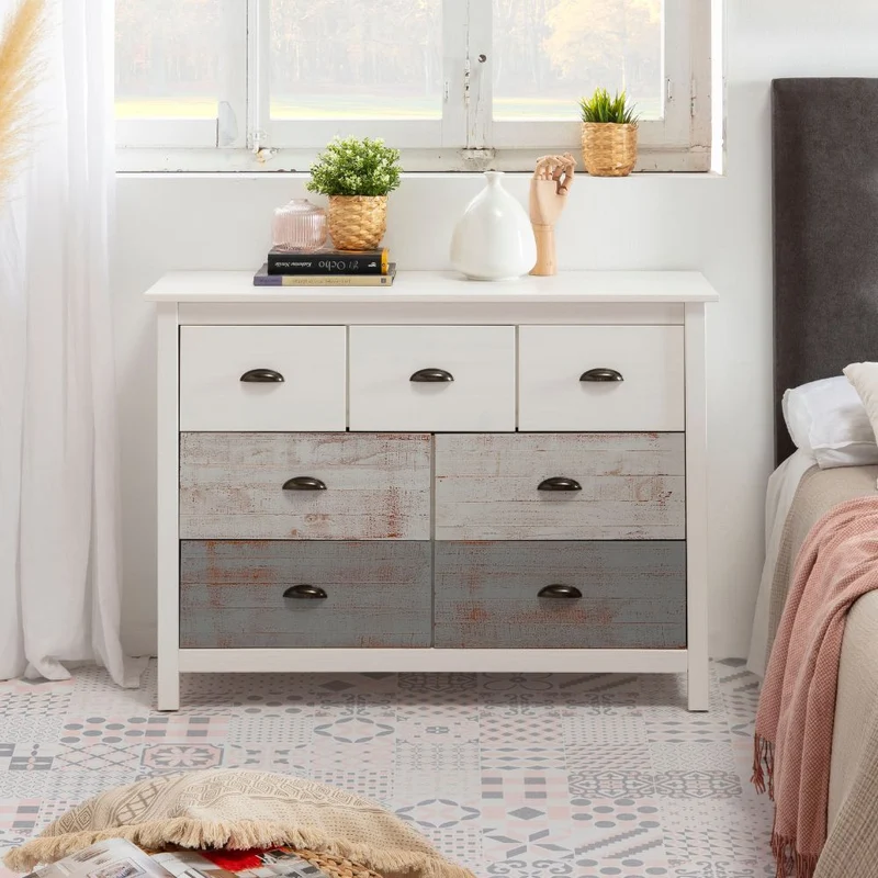 Comò in legno massiccio con 7 cassetti colore bianco e grigio 110x40x80H cm - Romantica